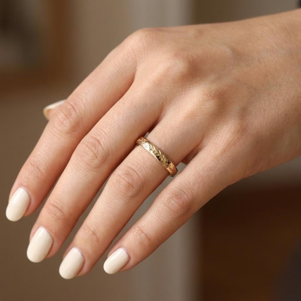 14K Solid Gold Olive Leaf Ring, Dainty Nature Inspired Ring, Wedding Band, Hand Engraved Thin Stacking Ring image #2