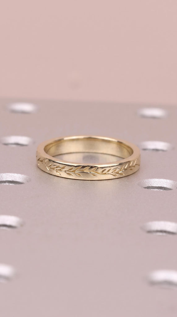 14K Solid Gold Olive Leaf Ring, Dainty Nature Inspired Ring, Wedding Band, Hand Engraved Thin Stacking Ring image #1