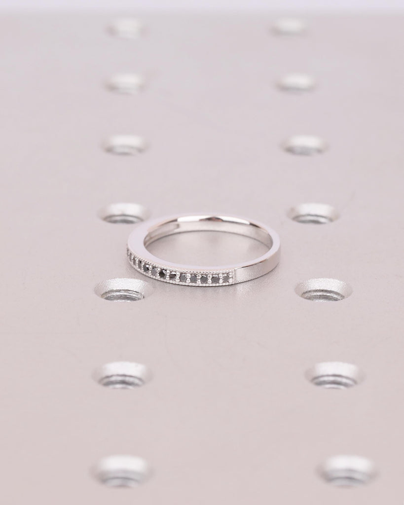 Half Eternity Round Black Diamond Wedding Band, Dainty 18k/14k White Gold Wedding Ring, Handmade Jewelry, Unique Stackable Rings for Women image #9