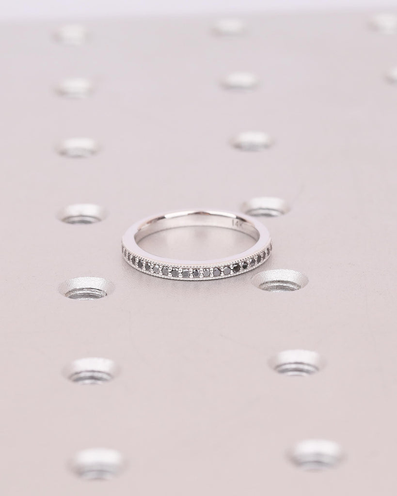 Black Diamond Wedding Band Women, Milgrain 14k White Gold Half Eternity Matching Rings image #10