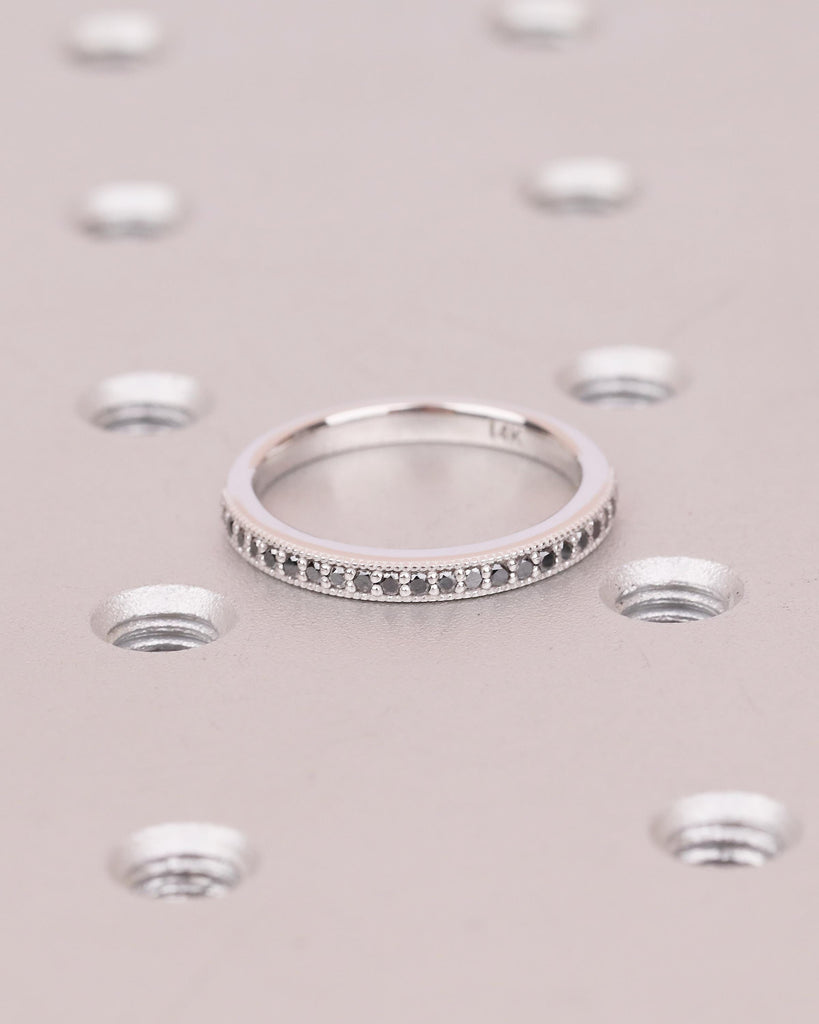Black Diamond Wedding Band Women, Milgrain 14k White Gold Half Eternity Matching Rings image #18