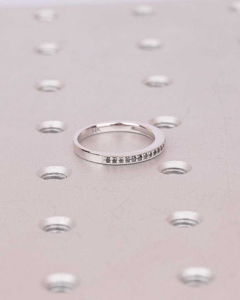 Black Diamond Wedding Band Women, Milgrain 14k White Gold Half Eternity Matching Rings image #4