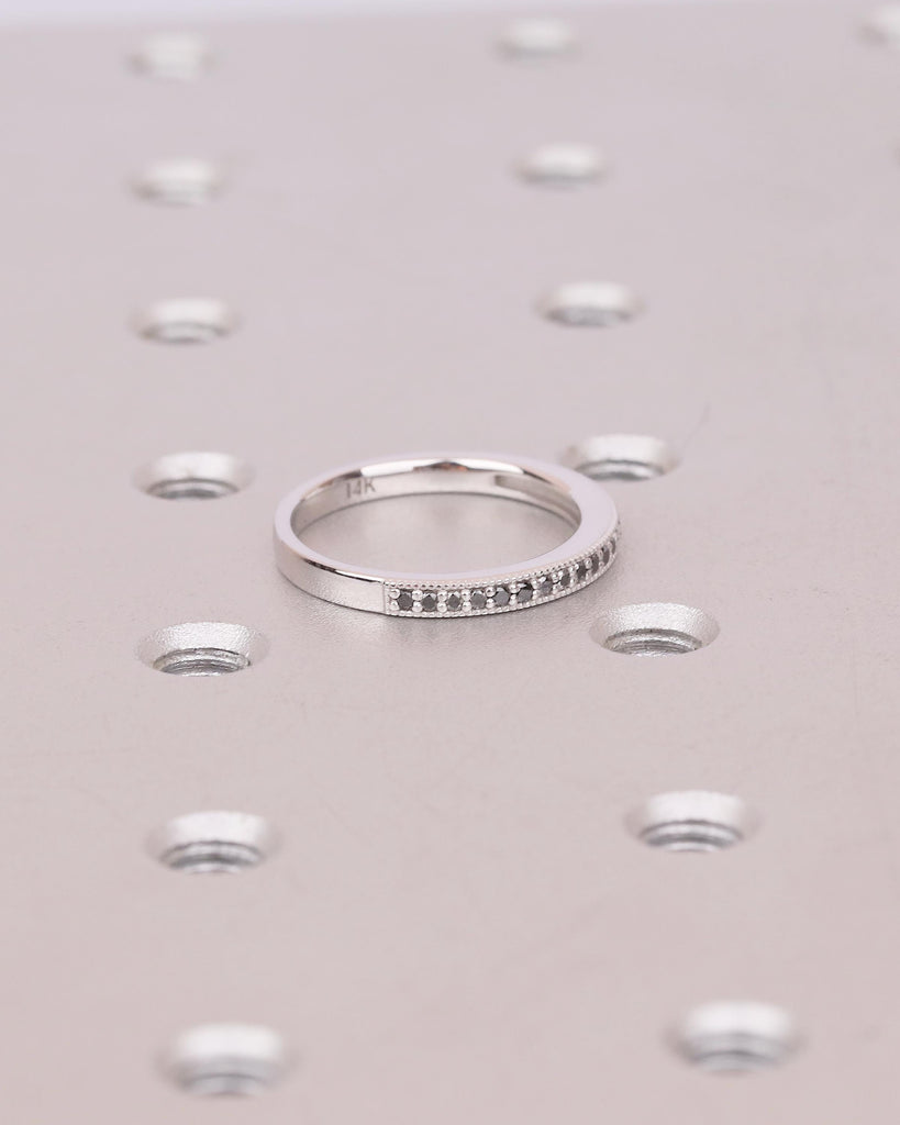 Half Eternity Round Black Diamond Wedding Band, Dainty 18k/14k White Gold Wedding Ring, Handmade Jewelry, Unique Stackable Rings for Women image #4