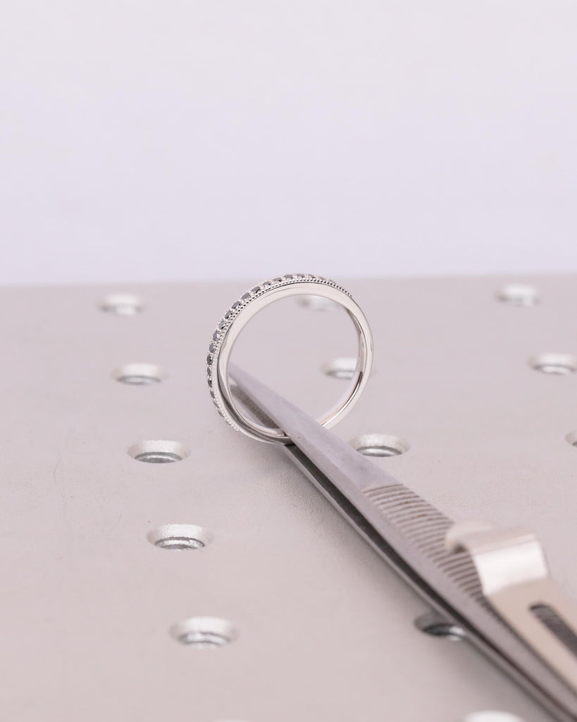 Black Diamond Wedding Band Women, Milgrain 14k White Gold Half Eternity Matching Rings image #14