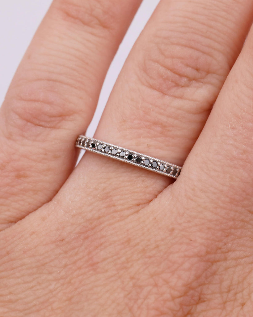 Black Diamond Wedding Band Women, Milgrain 14k White Gold Half Eternity Matching Rings image #19