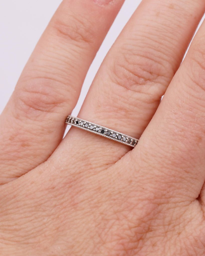 Half Eternity Round Black Diamond Wedding Band, Dainty 18k/14k White Gold Wedding Ring, Handmade Jewelry, Unique Stackable Rings for Women image #2
