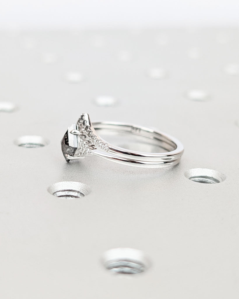 Salt and Pepper Kite Diamond Engagement Ring Set | 14K White Gold Wedding Ring Set | Ombre Diamond Curved Wedding Band | Art Deco Bridal Set image #6