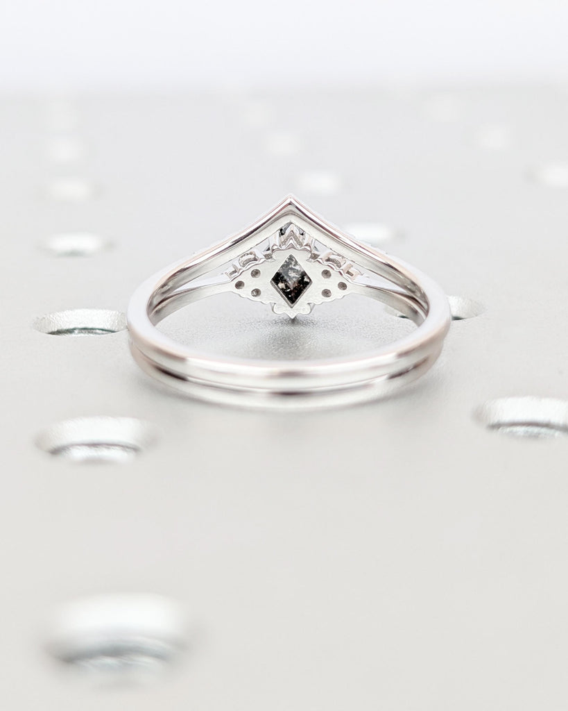 Salt and Pepper Kite Diamond Engagement Ring Set | 14K White Gold Wedding Ring Set | Ombre Diamond Curved Wedding Band | Art Deco Bridal Set image #7