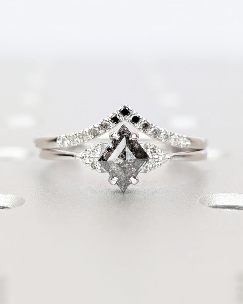 Salt and Pepper Kite Diamond Engagement Ring Set | 14K White Gold Wedding Ring Set | Ombre Diamond Curved Wedding Band | Art Deco Bridal Set image #1