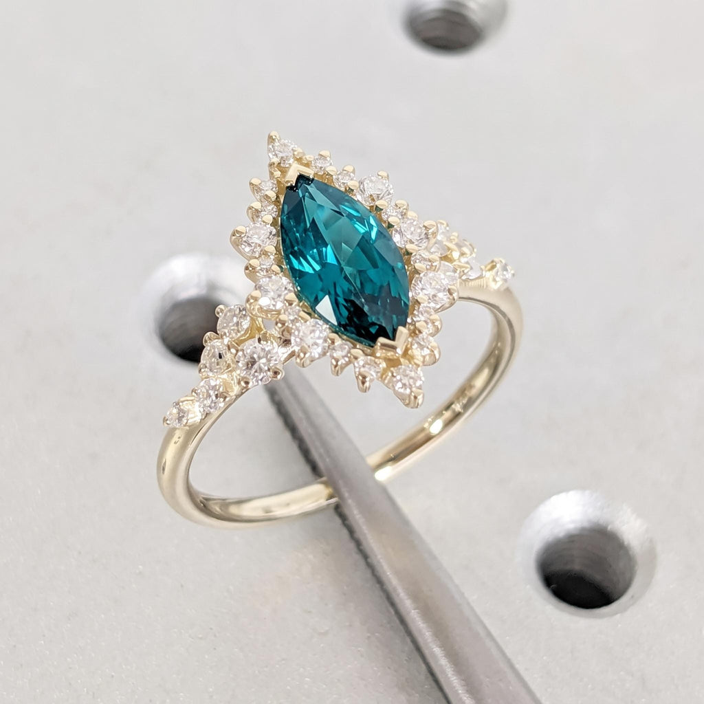 Marquise Teal Sapphire Engagement Ring | Sparkly Star Burst Halo Ring | 14K Yellow Gold Diamond Cluster Statement Ring Gift For Her image #1