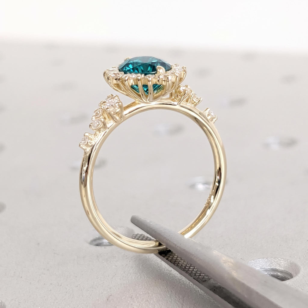 1ct Sapphire Gold Wedding Ring Anniversary Gift | Blue Green Gemstone Engagement Ring | Marquise Halo Unique Women Bridal Jewelry image #3