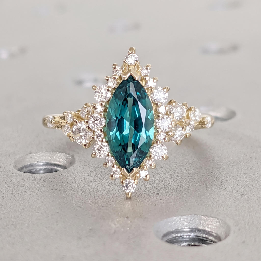 Marquise Teal Sapphire Engagement Ring | Sparkly Star Burst Halo Ring | 14K Yellow Gold Diamond Cluster Statement Ring Gift For Her image #4