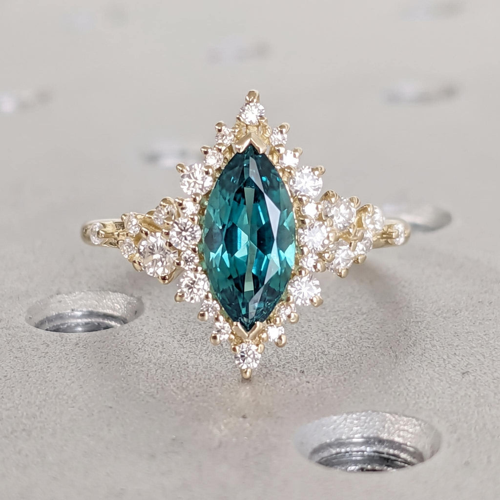 1ct Sapphire Gold Wedding Ring Anniversary Gift | Blue Green Gemstone Engagement Ring | Marquise Halo Unique Women Bridal Jewelry image #2