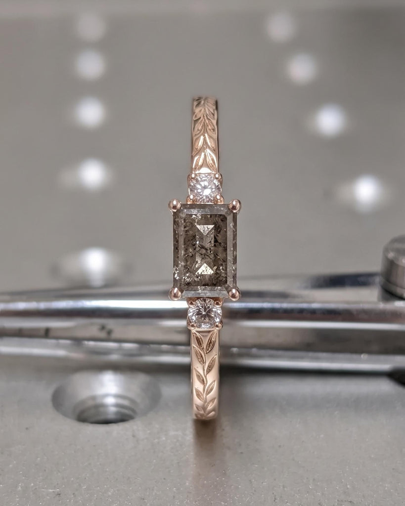 Dainty 14k Rose Gold Baguette Cut Salt and Pepper Diamond Engagement Ring, Vintage Nature Inspired Olive Leaf Ring, Round Moissanite Accents image #3