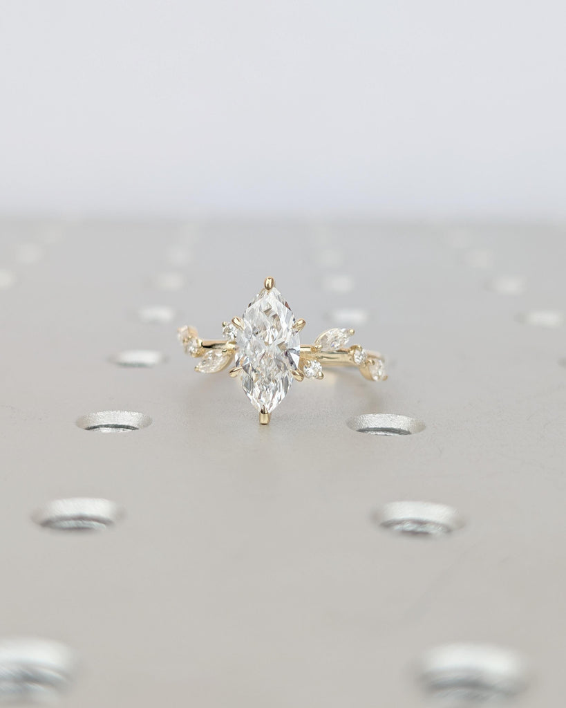 Marquise Moissanite Engagement Ring, Art Deco 14k Yellow Gold Promise Rings for Women, Diamond Side Stone, Unique Leaf Vine Wedding Ring image #9