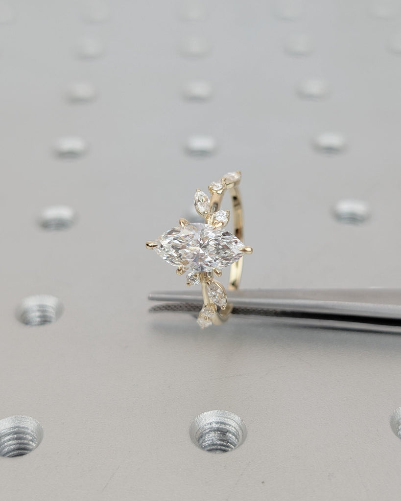 1.5ct Marquise Lab Grown Diamond Engagement Ring, 18k/14k Yellow Gold Leaves Vine Band, Personalized Flower Ring, Unique Handmade Jewelry image #15