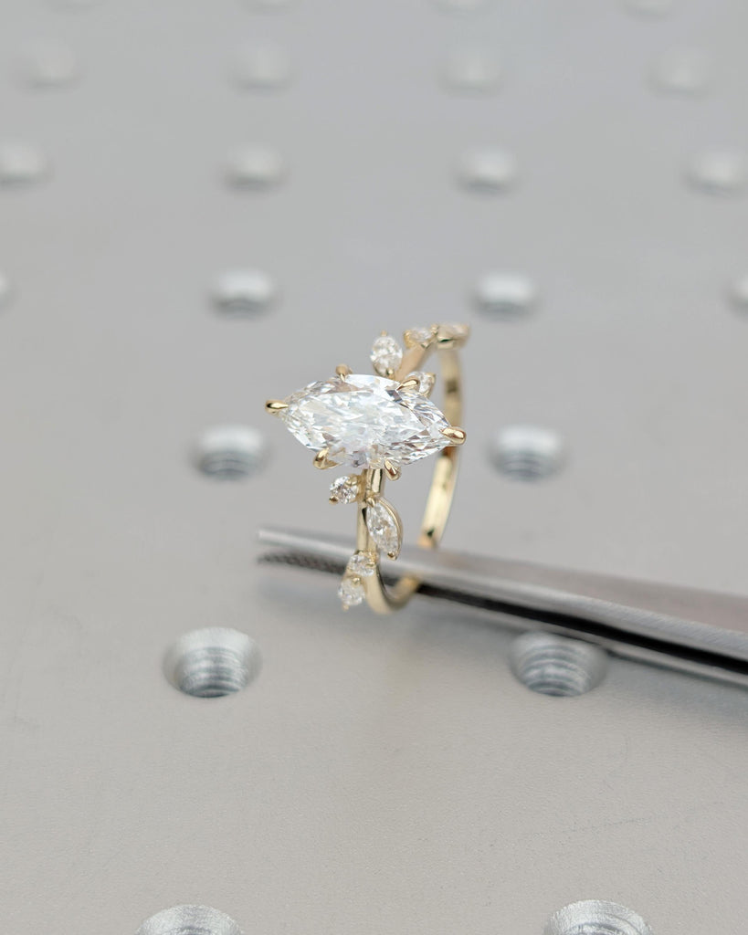 1.5ct Marquise Lab Grown Diamond Engagement Ring, 18k/14k Yellow Gold Leaves Vine Band, Personalized Flower Ring, Unique Handmade Jewelry image #13