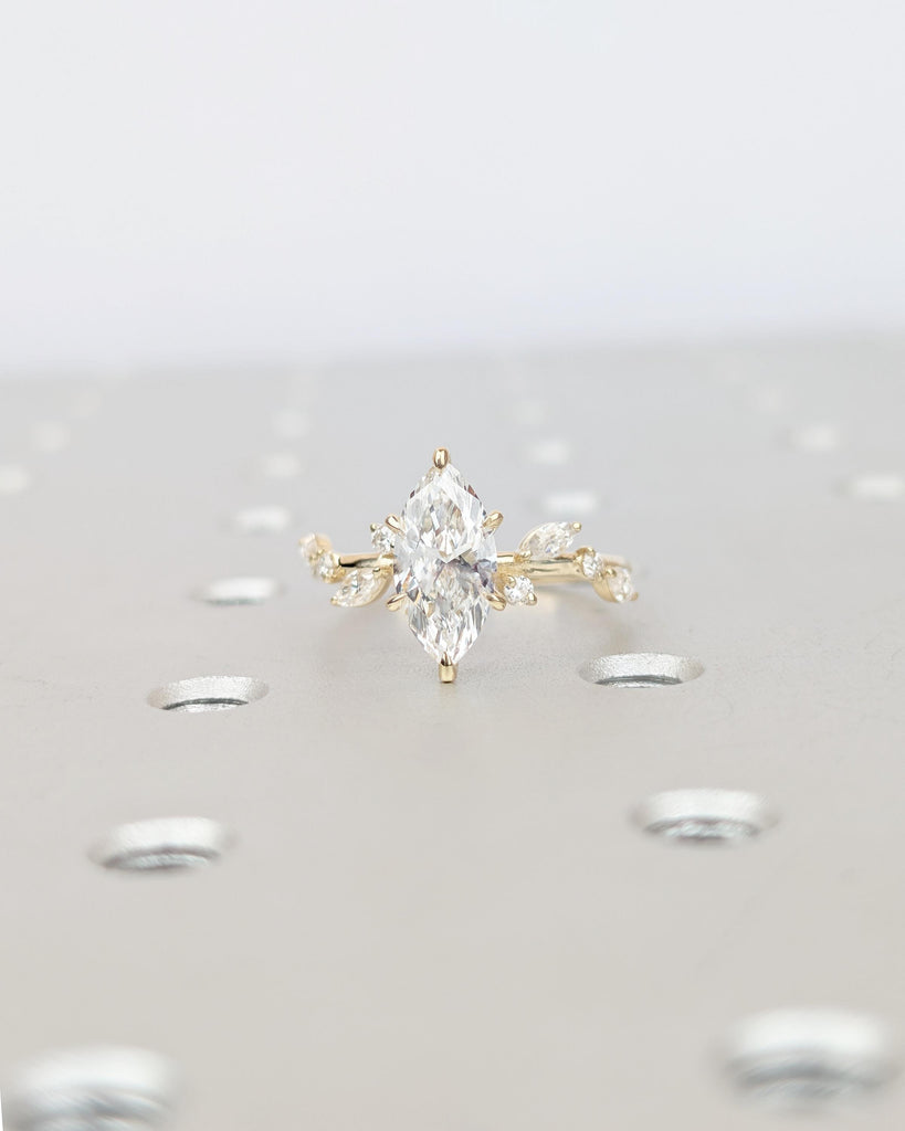 Marquise Moissanite Engagement Ring, Art Deco 14k Yellow Gold Promise Rings for Women, Diamond Side Stone, Unique Leaf Vine Wedding Ring image #11