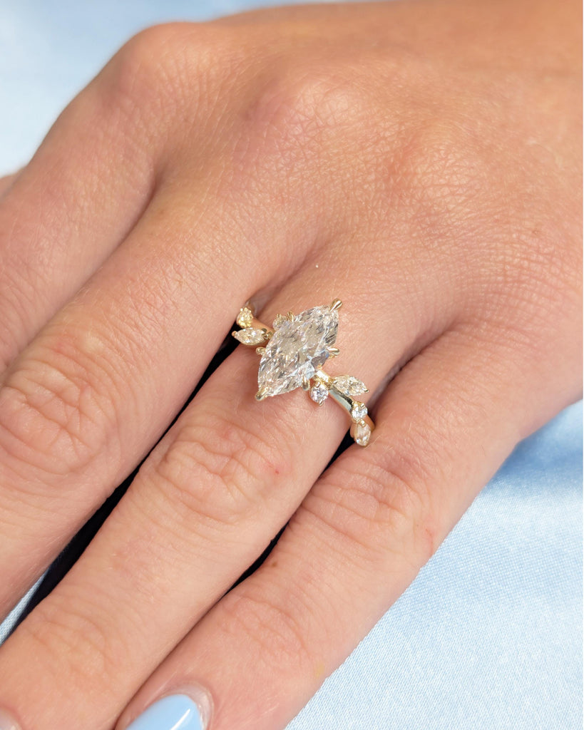 1.5 Carat Lab Created Diamond Wedding Ring, 14k Gold Marquise Cut Ring, Nature Jewelry image #15