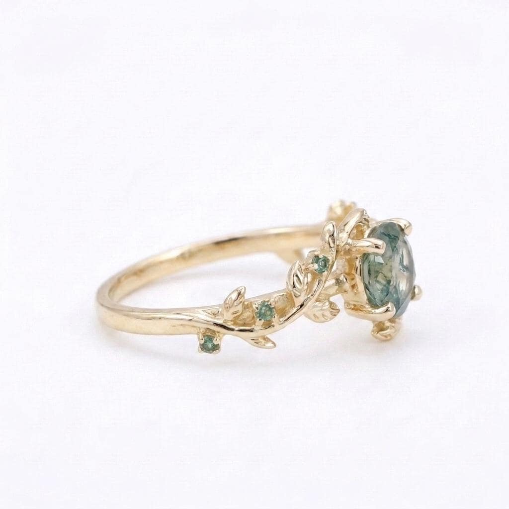 Vine and Leaf Emerald, Moss Agate Rings | Solid Gold Engagement Rings | BOHO Ring Wedding Anniversary Gift for Her image #4