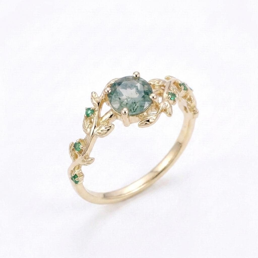 Vine and Leaf Emerald, Moss Agate Rings | Solid Gold Engagement Rings | BOHO Ring Wedding Anniversary Gift for Her image #3