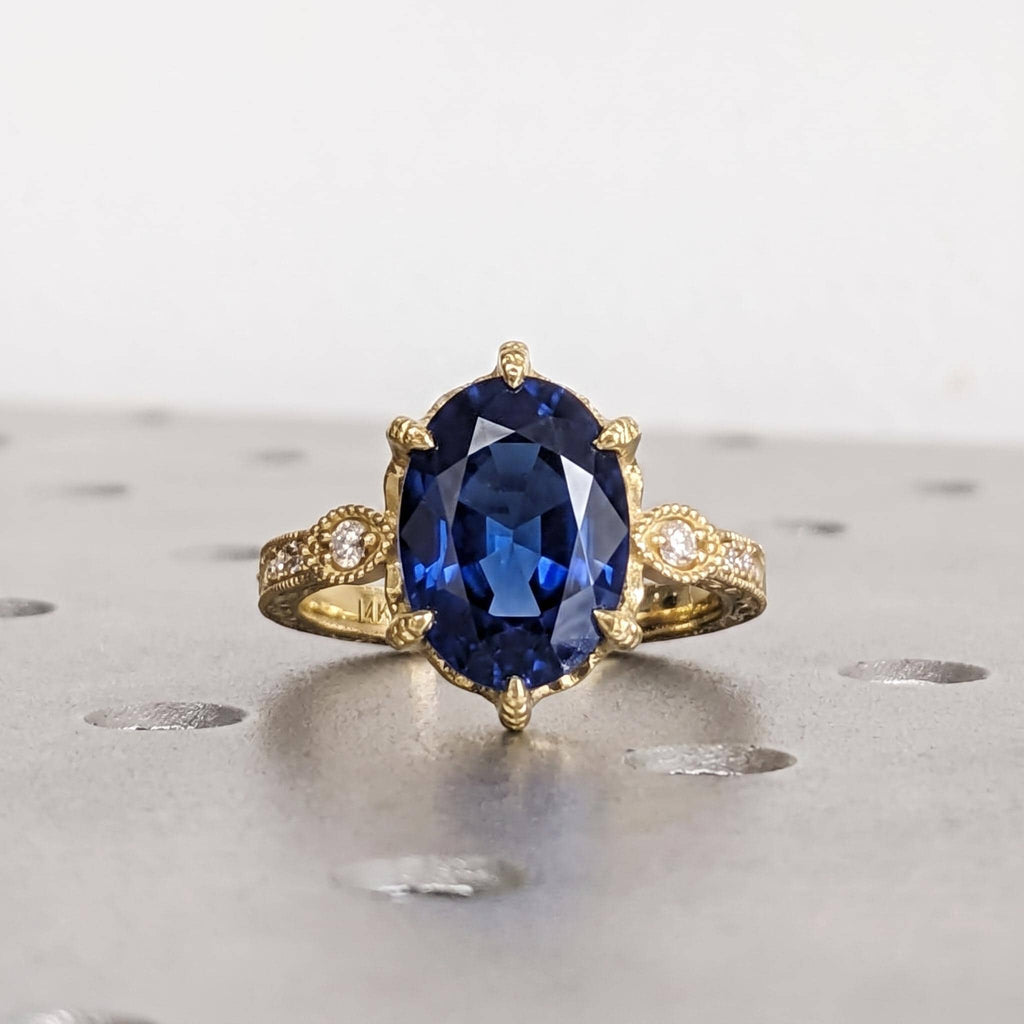 Vintage Tulip Setting Sapphire Engagement Rings for Women | 14K Yellow Gold Filigree Proposal Ring | High End Bridal Jewelry image #5