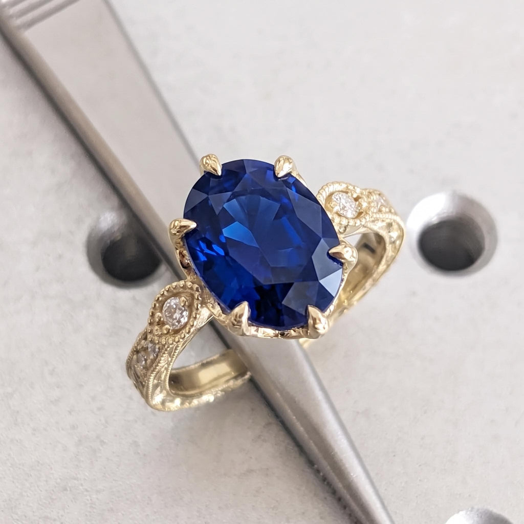 Blue Lab Sapphire and Diamond Art Deco Promise Ring | Solid Gold Gemstone Engagement Ring | September Birthstone Anniversary Gift image #5