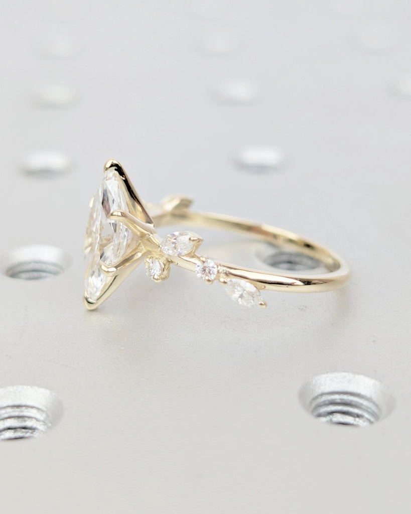 14k Solid Gold Moissanite Flower Ring, Marquise Engagement Ring, Diamond Cluster Bridal Jewelry image #5