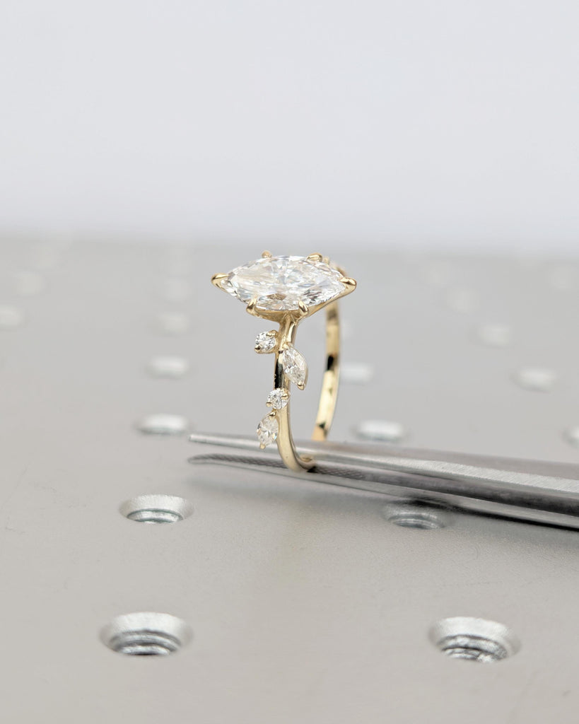 1.5ct Marquise Lab Grown Diamond Engagement Ring, 18k/14k Yellow Gold Leaves Vine Band, Personalized Flower Ring, Unique Handmade Jewelry image #11