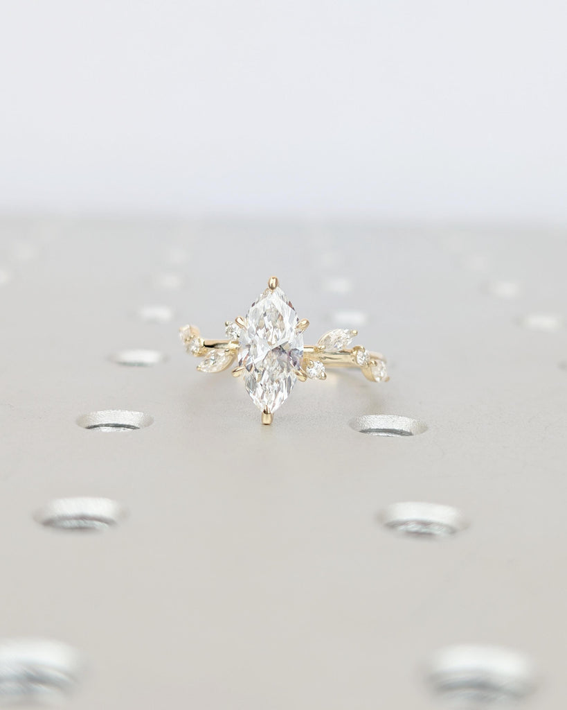 14k Solid Gold Moissanite Flower Ring, Marquise Engagement Ring, Diamond Cluster Bridal Jewelry image #2