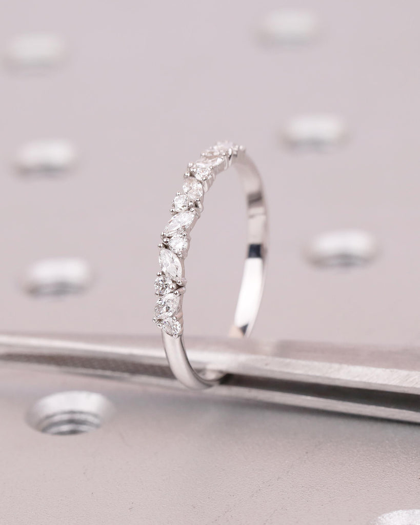 Art Deco Women's Wedding Band, Alternating Round, Marquise Cut Lab Grown Diamond Stackable Rings, Unique 14k White Gold Ring, Bridal Jewelry image #3