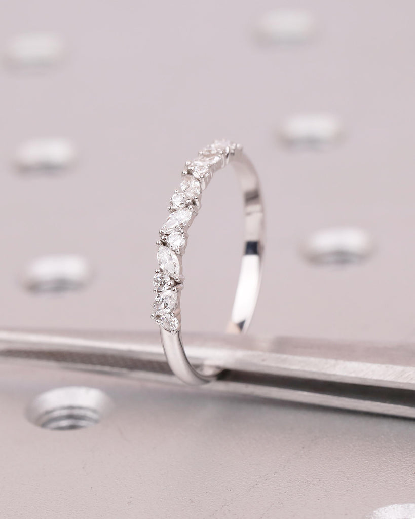 Round, Marquise Diamond Wedding Band Women, Dainty 14k White Gold Matching Rings image #3