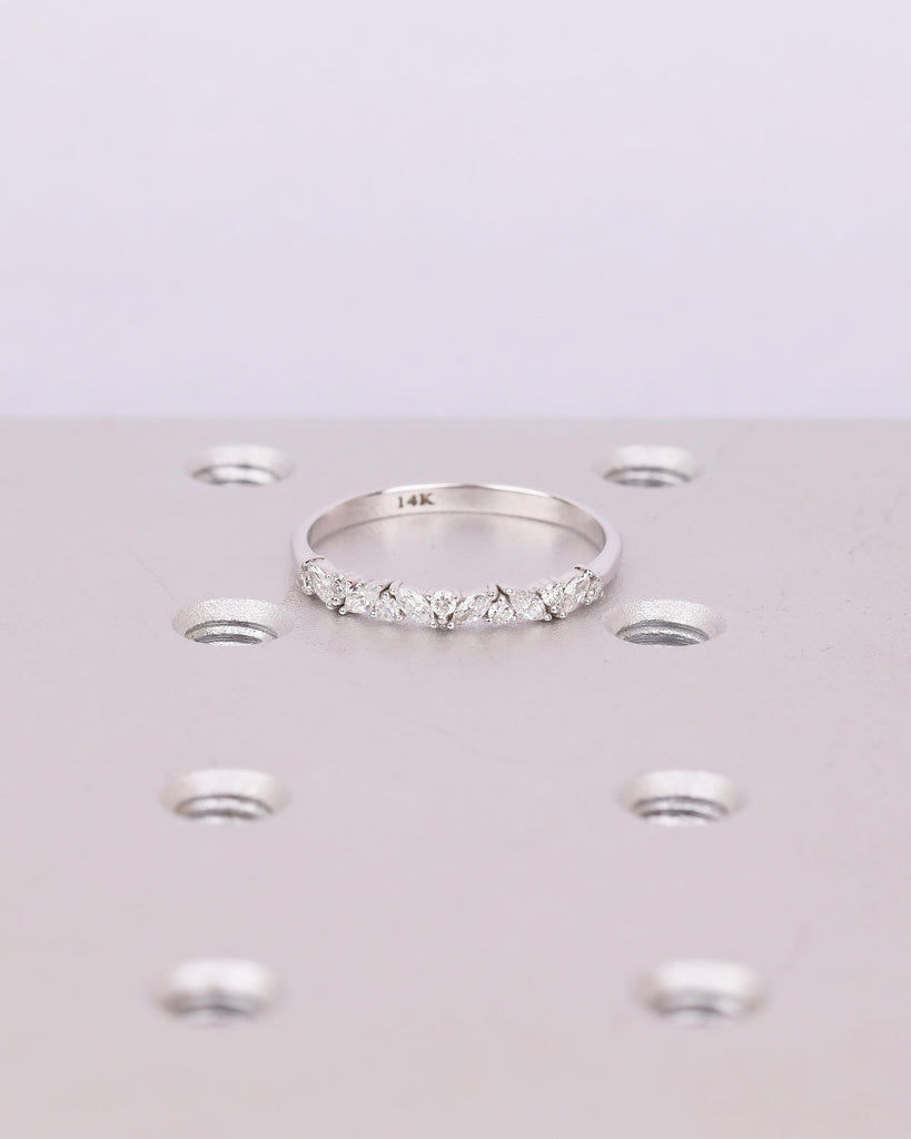 Art Deco Women's Wedding Band, Alternating Round, Marquise Cut Lab Grown Diamond Stackable Rings, Unique 14k White Gold Ring, Bridal Jewelry image #14