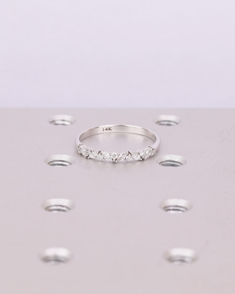Round, Marquise Diamond Wedding Band Women, Dainty 14k White Gold Matching Rings image #14