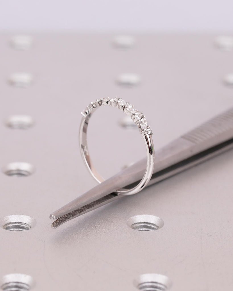 Art Deco Women's Wedding Band, Alternating Round, Marquise Cut Lab Grown Diamond Stackable Rings, Unique 14k White Gold Ring, Bridal Jewelry image #5