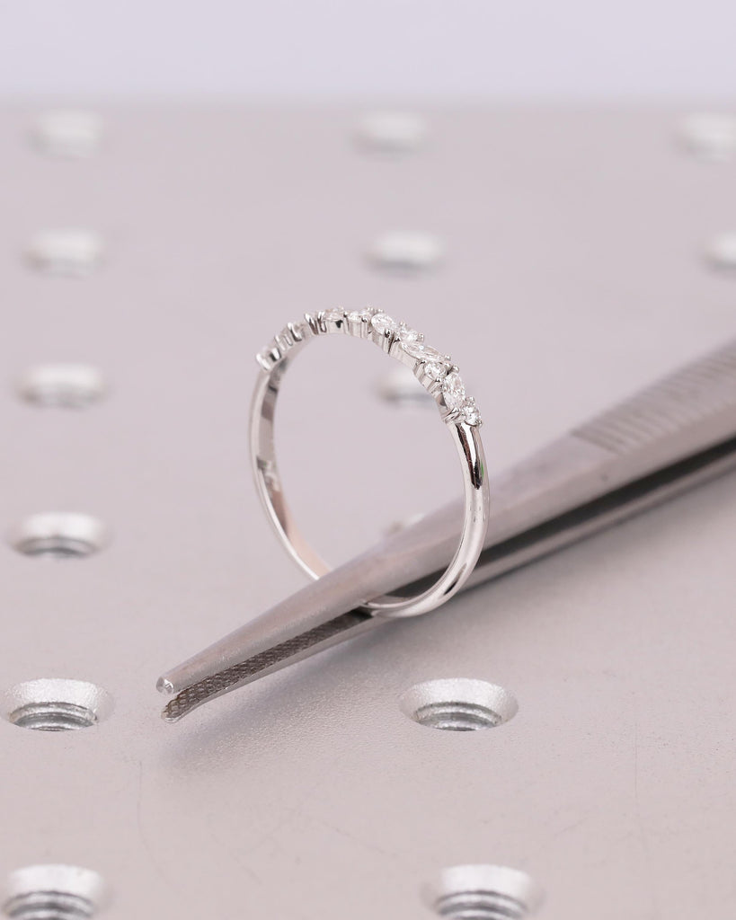 Round, Marquise Diamond Wedding Band Women, Dainty 14k White Gold Matching Rings image #5