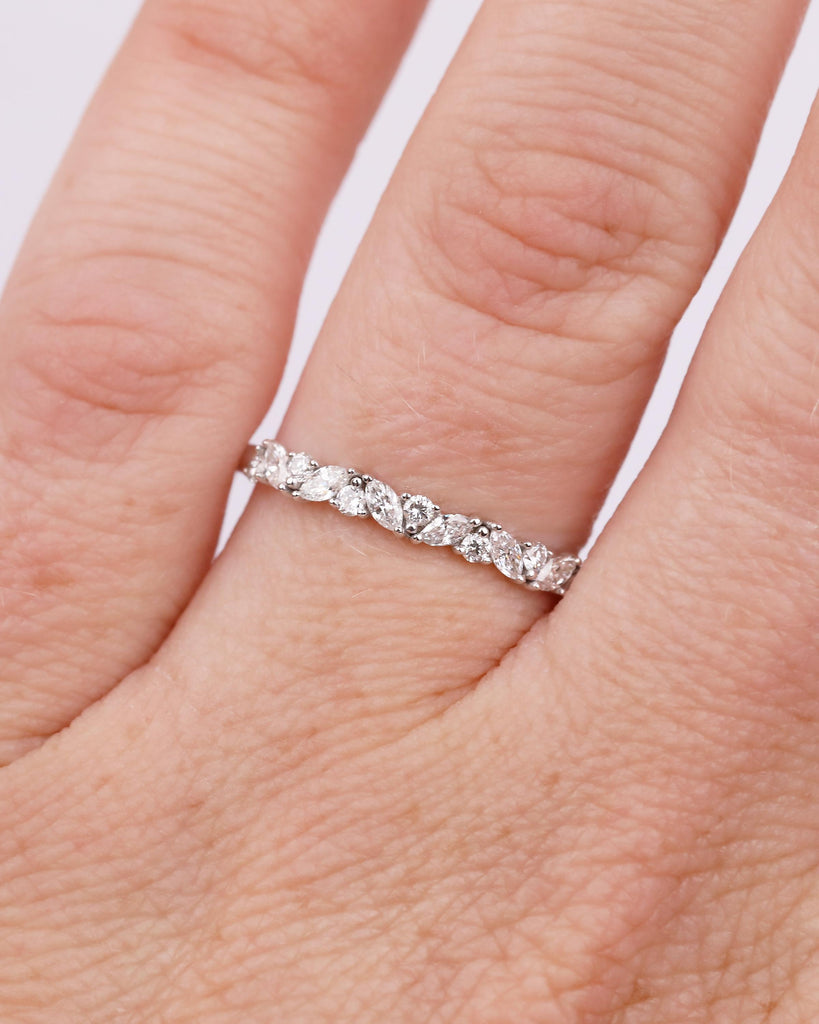 Art Deco Women's Wedding Band, Alternating Round, Marquise Cut Lab Grown Diamond Stackable Rings, Unique 14k White Gold Ring, Bridal Jewelry image #2