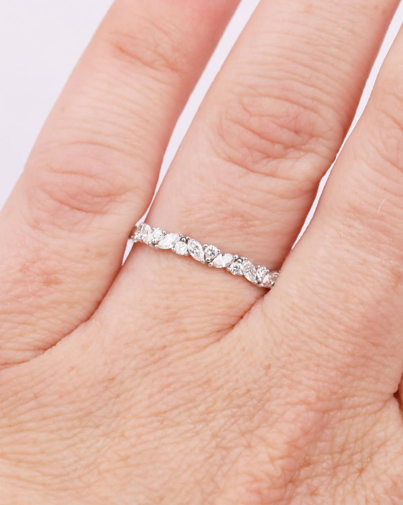 Art Deco Women's Wedding Band, Alternating Round, Marquise Cut Lab Grown Diamond Stackable Rings, Unique 14k White Gold Ring, Bridal Jewelry image #18