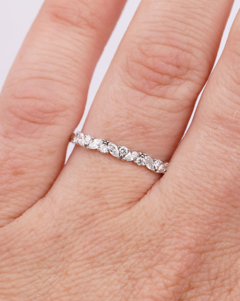 Art Deco Women's Wedding Band, Alternating Round, Marquise Cut Lab Grown Diamond Stackable Rings, Unique 14k White Gold Ring, Bridal Jewelry image #11