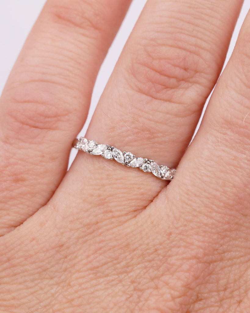 Round, Marquise Diamond Wedding Band Women, Dainty 14k White Gold Matching Rings image #11