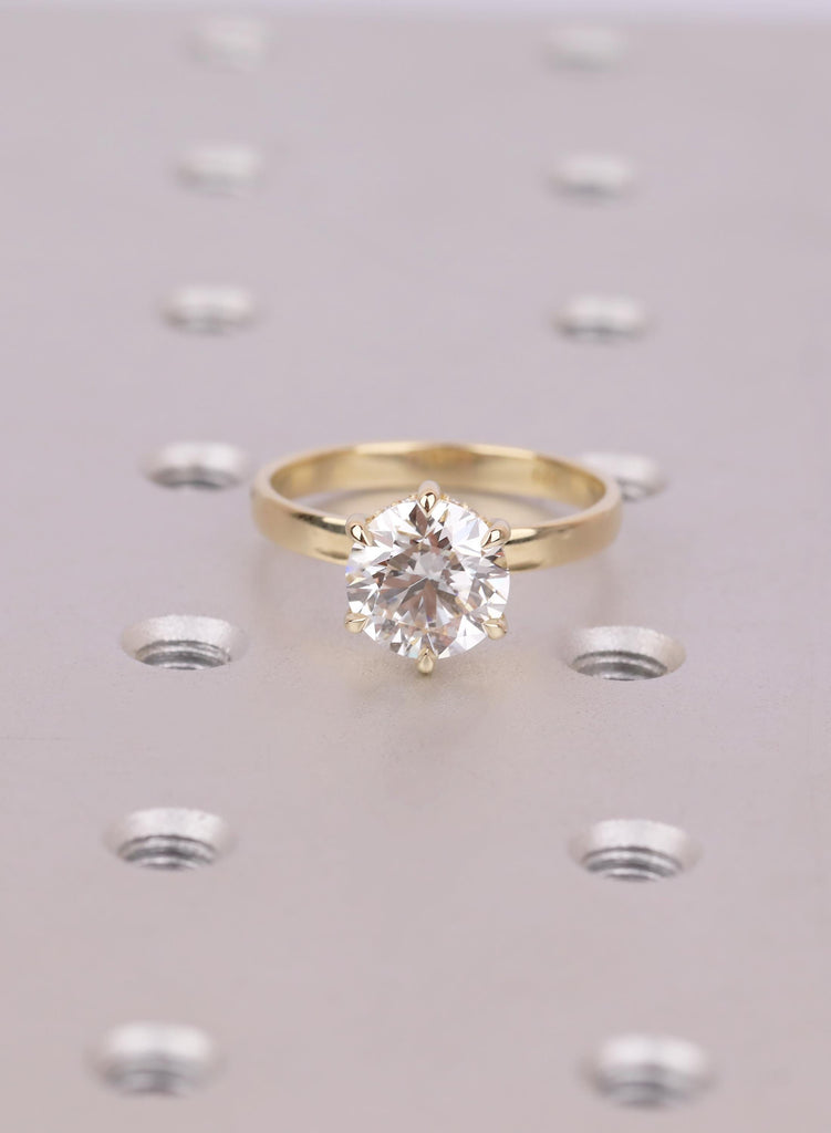 Round Engagement Ring, Six Prong Settings Art Deco Moissanite Ring For Women, Hidden Halo Side Stone, Dainty 14K Yellow Gold Flat Band image #4