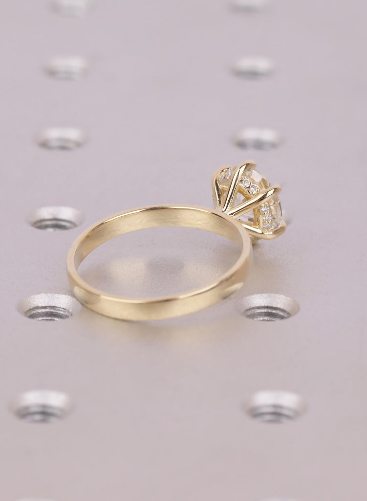 Round Engagement Ring, Six Prong Settings Art Deco Moissanite Ring For Women, Hidden Halo Side Stone, Dainty 14K Yellow Gold Flat Band image #6