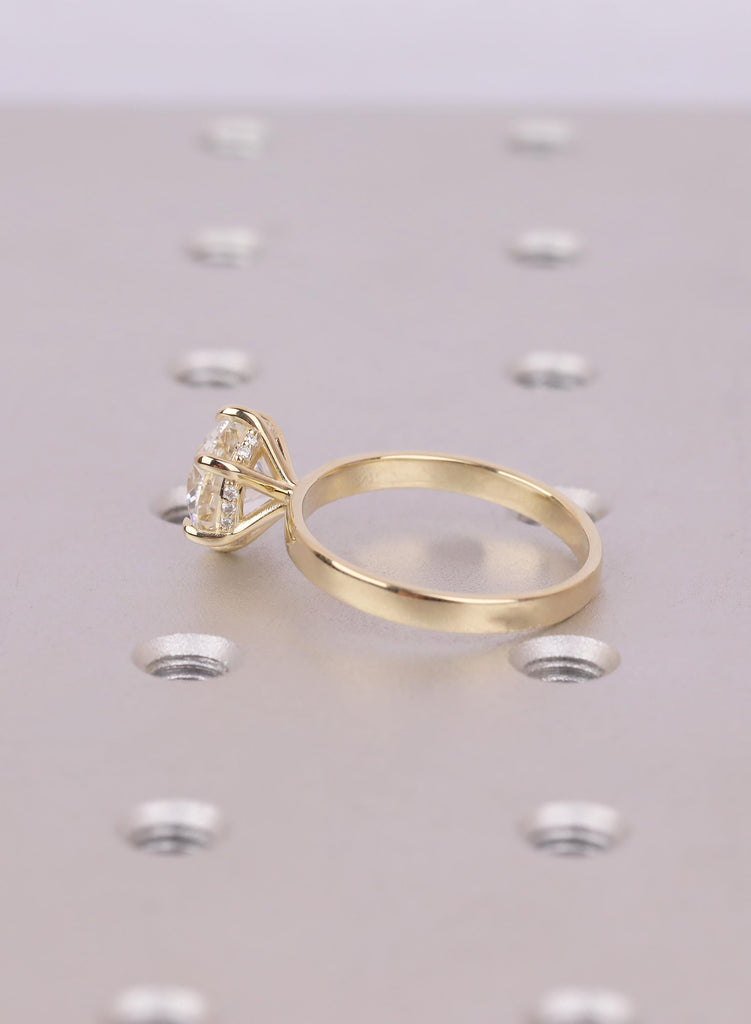 Round Engagement Ring, Six Prong Settings Art Deco Moissanite Ring For Women, Hidden Halo Side Stone, Dainty 14K Yellow Gold Flat Band image #7