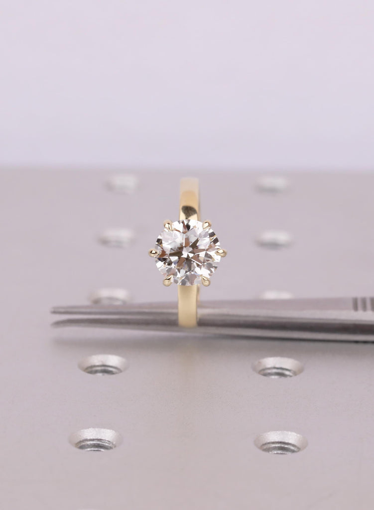 Round Engagement Ring, Six Prong Settings Art Deco Moissanite Ring For Women, Hidden Halo Side Stone, Dainty 14K Yellow Gold Flat Band image #11