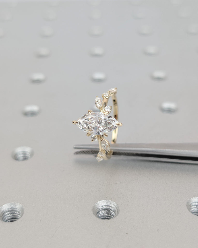 1.5ct Marquise Lab Grown Diamond Engagement Ring, 18k/14k Yellow Gold Leaves Vine Band, Personalized Flower Ring, Unique Handmade Jewelry image #2