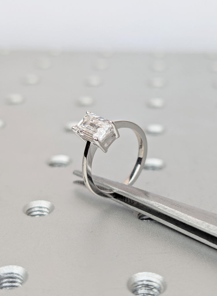 14K White Gold Emerald Cut Moissanite Engagement Ring, Minimalist Solitaire Ring, Fine Jewelry image #9