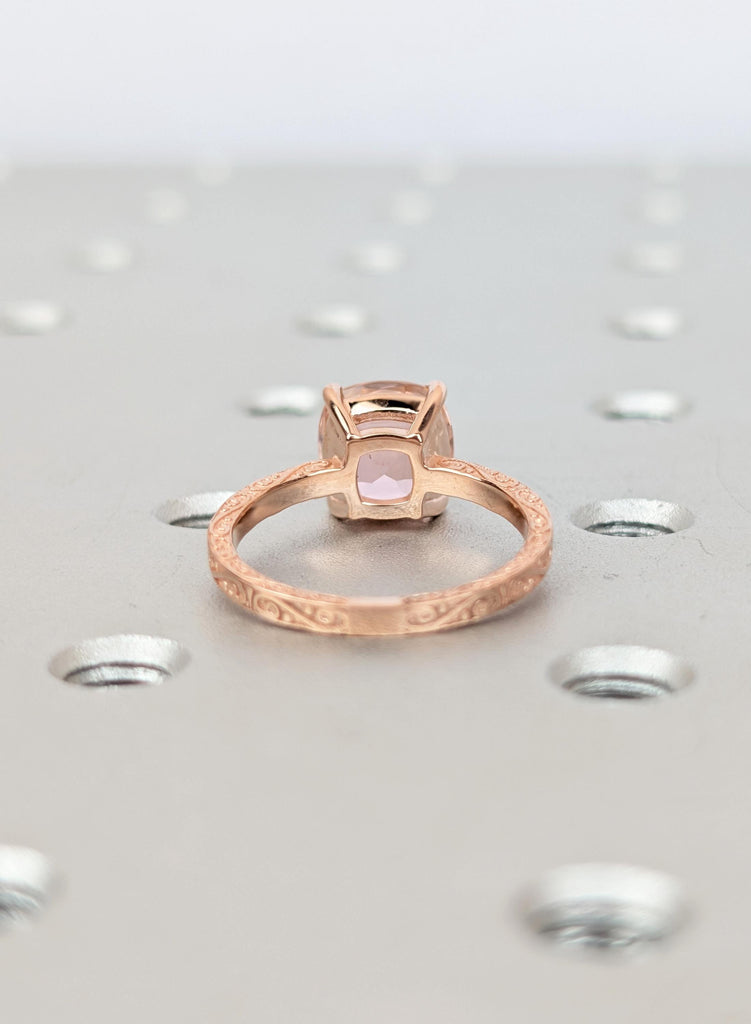 Cushion Cut Morganite Engagement Ring, Vintage Filigree Engraved Band 14K Rose Gold Diamond Ring, Pink Peach Morganite Ring, Bridal Jewelry image #4