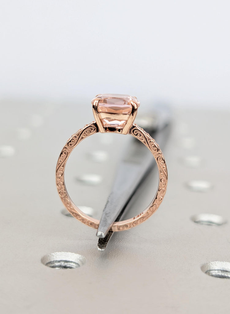 Cushion Cut Morganite Engagement Ring, Vintage Filigree Engraved Band 14K Rose Gold Diamond Ring, Pink Peach Morganite Ring, Bridal Jewelry image #5