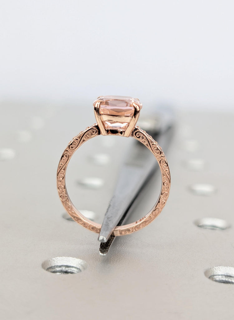 Peach Morganite Ring Rose Gold, Antique Cushion Cut Gemstone Ring, Hand Engraved Half Eternity Bridal Ring, Blush Beryl Anniversary Gift image #7