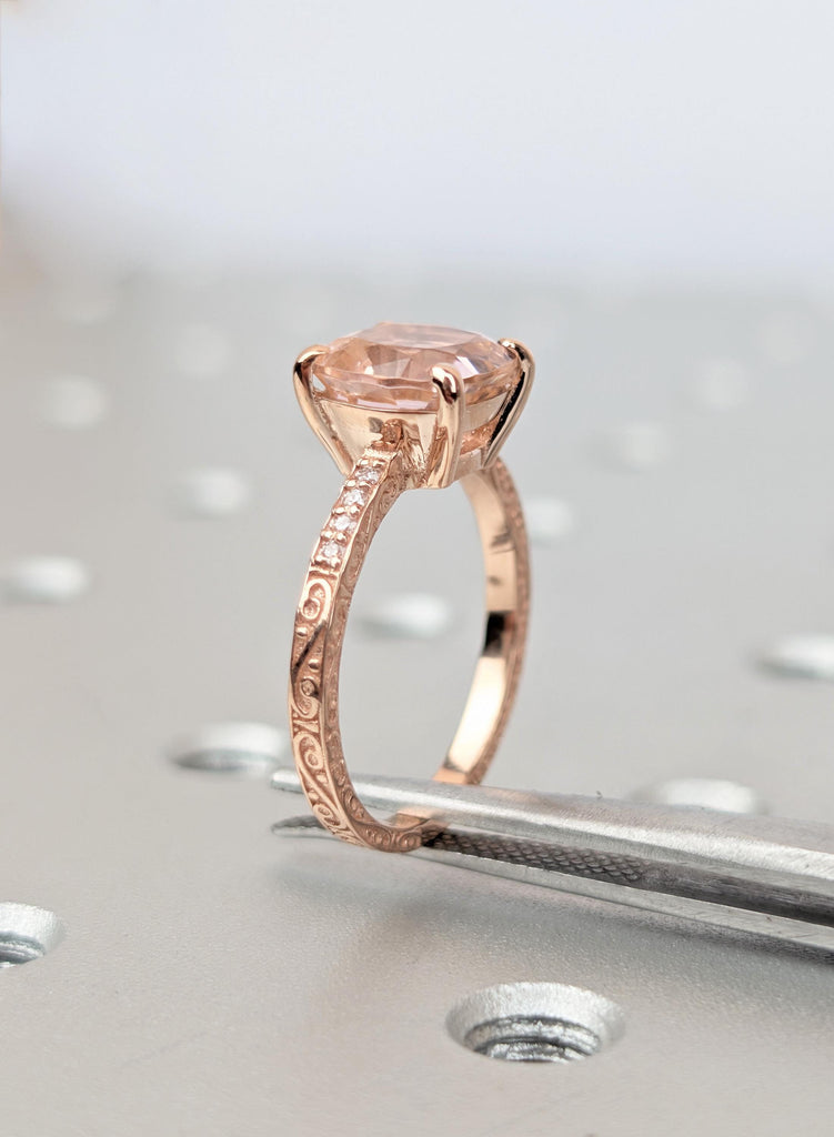 Peach Morganite Ring Rose Gold, Antique Cushion Cut Gemstone Ring, Hand Engraved Half Eternity Bridal Ring, Blush Beryl Anniversary Gift image #8